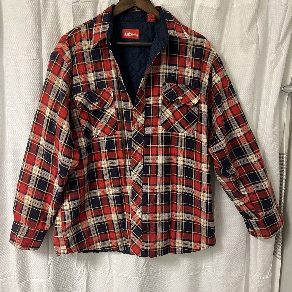 Vintage Coleman RARE Plaid Flannel Shirt Jacket Size L 70s 80s Red Navy Grunge